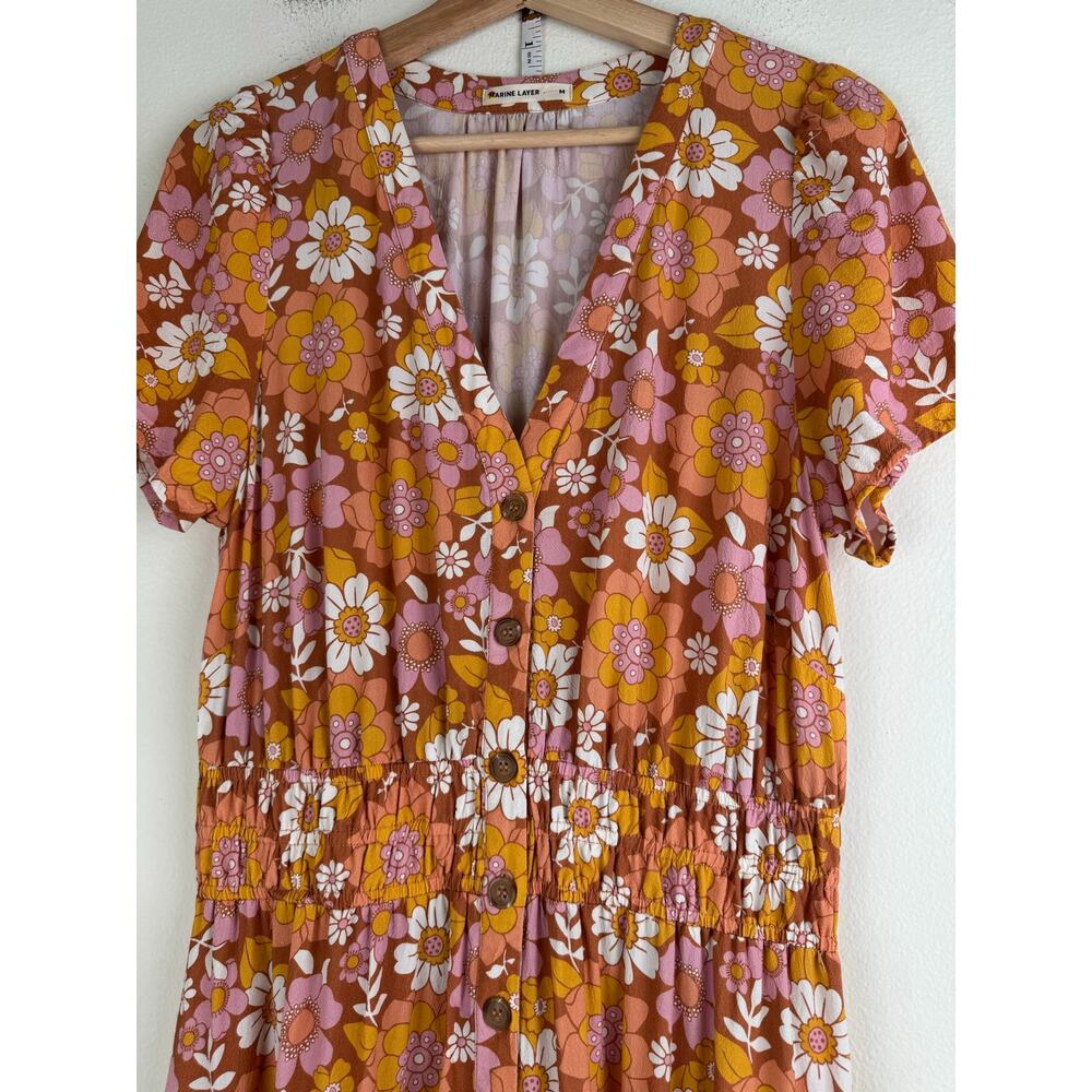Marine Layer Annika Smocked Floral Midi Dress Amber Brown Medium - Picture 8 of 16